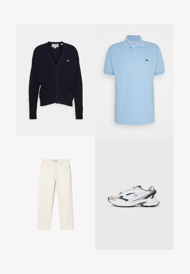 Marinefarbener Cardigan aus weichem Material, mit V-Ausschnitt, langen Ärmeln, sechs Knopfverschlüssen und einem kleinen grünen Logo auf der Brust.; Hellblaues Poloshirt aus Baumwolle, mit umgeschlagenem Kragen, drei Knöpfen und einem grünen gestickten Lacoste-Logo auf der linken Brust.; Cremefarbene Jeans aus Denim mit geradem Bein, ausgestattet mit zwei Fronttaschen, einem Knopfverschluss und subtiler Markenkennzeichnung nahe dem Bund.; Weißer Sportschuh mit silbernen und schwarzen Akzenten, Obermaterial aus Netzstoff, strukturierte Sohle und ein schlankes Design mit einem Logo an der Seite.
