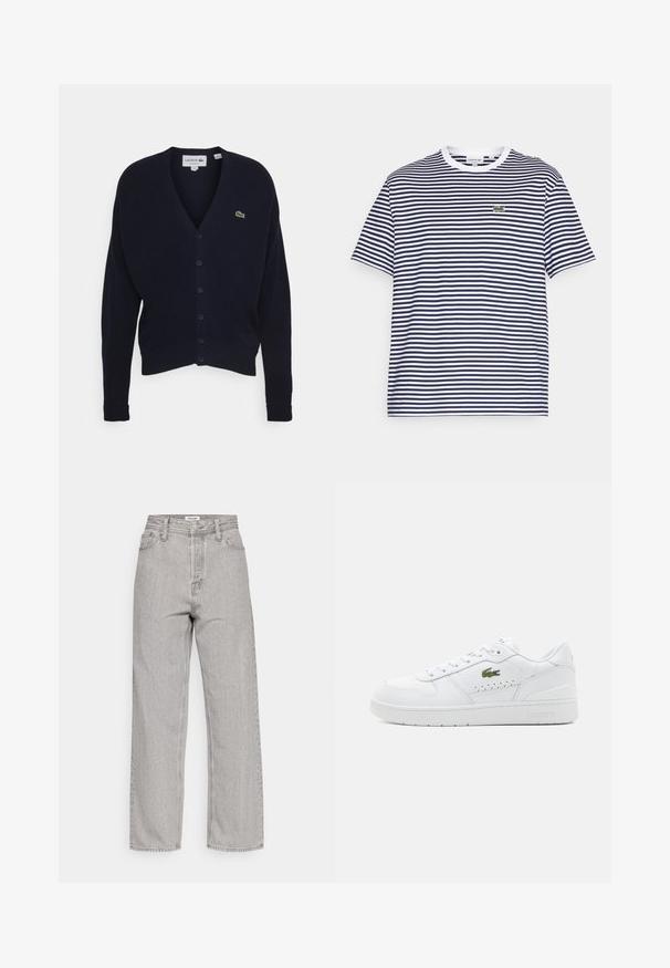 Cárdigan azul marino hecho de un tejido suave, con escote en V, mangas largas, seis botones de cierre y un pequeño logo verde en el pecho.; Camiseta de algodón a rayas en navy y blanco, con cuello redondo y mangas cortas. Presenta un pequeño logo de cocodrilo verde en el pecho.; Jeans de mezclilla de tiro alto en gris claro con un corte relajado, que cuentan con cinco bolsillos y una textura sutil. Piernas rectas y un diseño minimalista.; Zapatillas de cuero blancas con acentos perforados, cordones planos y un pequeño logo verde en el lateral. Suela de goma y cuello acolchado para mayor comodidad.