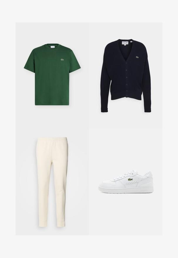 Marineblå cardigan lavet af blødt stof, med v-hals, lange ærmer, seks knaplukninger og et lille grønt logo på brystet.; Mørkegrøn kortærmet bomulds t-shirt med rund hals og lille Lacoste krokodillelogo på venstre bryst.; Cremfarvet sweatpants lavet af blødt stof, der har elastoisk talje, tætsiddende ben og manchetter ved anklerne. Enkel design uden mønstre.; Hvide lædersneakers med perforerede detaljer, flade snørebånd og et lille grønt logo på siden. Gummisål og polstret krave for komfort.