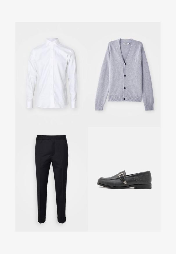 Sivý pletený cardigan s V-výstrihom, šiestimi čiernymi gombíkmi, ribovanými manžetami a lemom, so subtle logom na ľavej hrudi.; Biela pánska košeľa s dlhým rukávom, vyrobená z bavlny, s klasickým golierom, predným zapínaním a gombíkovými manžetami. Hladká textúra, minimalistický dizajn.; Čierne nohavice vyrobené z ľahkej tkaniny, so elastickým pásom, bočnými vreckami a rolovanými manžetami. Hladká textura s prednými skladmi.; The Kooples CHAUSSURES - Našuchovačky - black