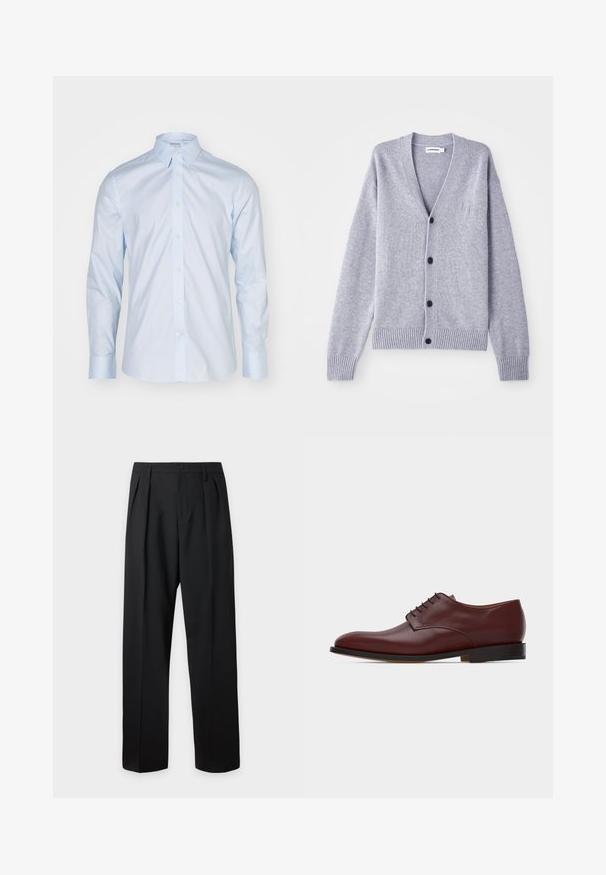 Grijze gebreide cardigan met een V-hals, zes zwarte knopen, geribde manchetten en zoom, en een subtiele logo op de linkerkant van de borst.; Lichtblauwe overhemd met lange mouwen, voorzien van een klassieke kraag, knoopsluiting en contrasterende knopen; gemaakt van gladde stof met een frisse afwerking.; Zwarte formele broek met plooien, riemlussen en een knoopsluiting in de taille, afgebeeld tegen een effen lichte achtergrond.; Bruine leren herenschoen met zwarte zool en veters, vanaf de rechterkant gezien tegen een witte achtergrond.