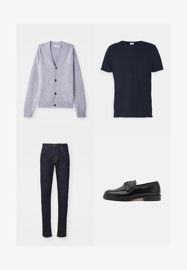 Cárdigan de punto gris con escote en V, seis botones negros, puños y dobladillo acanalados, y un logo sutil en el lado izquierdo del pecho.; Camiseta de algodón azul marino con cuello redondo y mangas cortas, de textura suave y diseño simple, sin patrones ni acentos visibles.; Jeans de denim azul oscuro con un corte slim, diseño de cinco bolsillos y cierre de botón. Presenta costuras en contraste y un corte de pierna recta.; Mocasines de cuero negro con punta redonda y un acento decorativo de hebilla. Tacón plano y sólido, con una textura suave en todo el zapato.