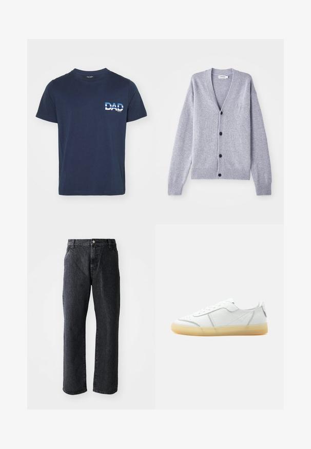 Cárdigan de punto gris con escote en V, seis botones negros, puños y dobladillo acanalados, y un logo sutil en el lado izquierdo del pecho.; Camiseta de algodón azul marino de mangas cortas. Presenta un texto gráfico en blanco "PAPÁ" en el lado izquierdo, en una fuente negrita. Diseño simple y casual.; Jeans de mezclilla negra de corte recto, con cierre de botón, cinco bolsillos y una textura sutil. Diseño clásico sin patrones prominentes.; Zapatilla blanca de piel de corte bajo con suela translúcida beige, cierre con cordones en la parte frontal y detalles de costura mínimos, mostrada de lado sobre un fondo liso.