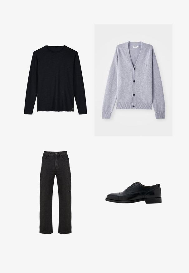 Sivý pletený cardigan s V-výstrihom, šiestimi čiernymi gombíkmi, ribovanými manžetami a lemom, so subtle logom na ľavej hrudi.; Čierna dlhá rukávová košeľa vyrobená z mäkkého materiálu s okrúhlym výstrihom, s neopracovaným lemom a jemným logom na spodnej strane.; Čierne denímové rifle so strihom rovného nohavice, s gombíkovým pásom, dizajnom piatich vreciek a diskrétnou výšivkou značky na prednej strane.; Čierna kožená spoločenská topánka s hladkým povrchom, zaoblenou špičkou a piatimi očkami na šnúrky. Má nízky obdĺžnikový podpätok a elegantný dizajn.