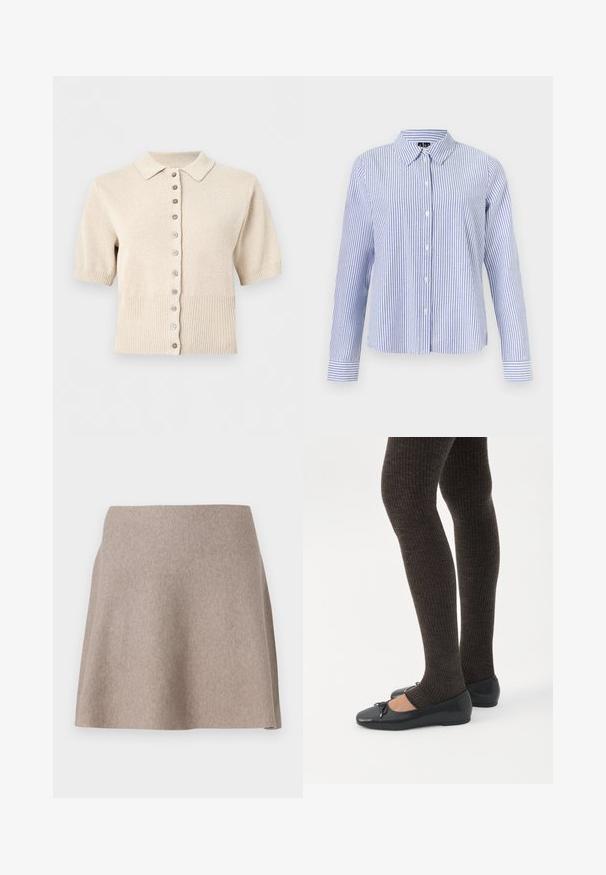 Beige kortærmet strikket cardigan med lille krave, knaplukning foran og ribbet kant ved ærmekanter og bund.; Langærmet skjorte med knapper med hvide og lyseblå lodrette striber og en spids krave vist på en ensfarvet baggrund.; En beige, flagrende nederdel lavet af blødt stof med en glat tekstur og en ren kant. Enkel design uden synlige mønstre eller udsmykninger.; Ben iført mørke ribbede leggings kombineret med sorte balletsko med små sløjfedetaljer på hvid baggrund.