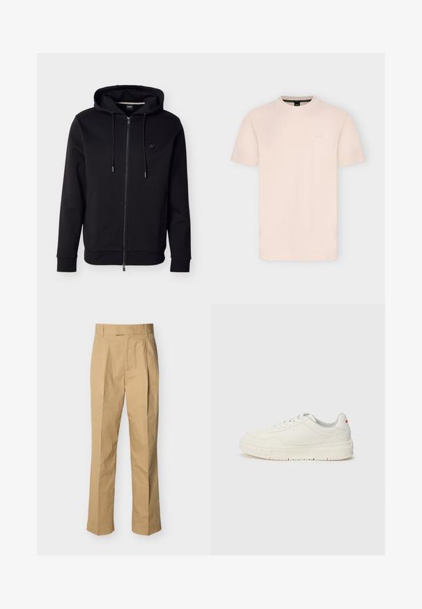 Sudadera con capucha negra y cremallera, con bolsillos frontales, cordones ajustables, puños acanalados y un pequeño logo redondo en el pecho izquierdo.; Camiseta de manga corta y cuello redondo en beige claro con logo sutil en relieve en el pecho y etiqueta negra en el interior del cuello.; Pantalones beige hechos de algodón suave con cintura alta, con pliegues en la parte delantera y piernas rectas. Sin herrajes visibles ni patrones.; Zapatillas blancas con un upper de cuero liso, puntera redonda, cordones planos y una suela de goma texturizada. Un detalle rojo se encuentra en el talón.