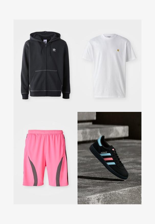 Čierna mikina na zips vyrobená z mäkkého materiálu, ktorá má predné vrecko typu kangaroo, biele švy a malé biele logo na hrudi.; Biele bavlnené tričko s krátkymi rukávmi, okrúhlym výstrihom, s malým zlatým logom na ľavej strane hrude. Mäkká textúra a normálny strih.; Žiarivo ružové športové šortky s elastickým pásom. Majú sivé bočné akcenty a hladký, ľahký materiál.; Čierna teniska Adidas Spezial s modrými a ružovými pruhmi, vznáša sa nad textúrovaným sivým betónovým povrchom so tieňom pod ňou.