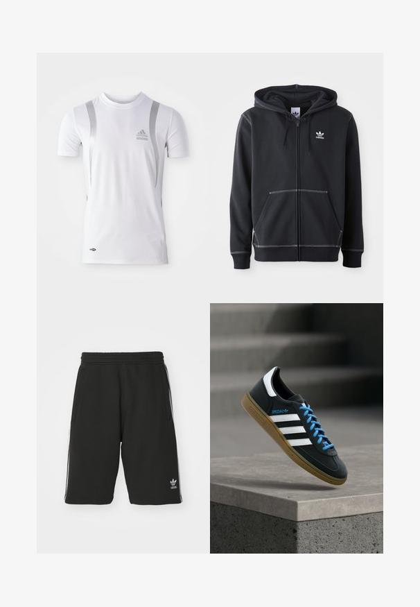 Čierna mikina na zips vyrobená z mäkkého materiálu, ktorá má predné vrecko typu kangaroo, biele švy a malé biele logo na hrudi.; Biely športový dres s krátkym rukávom so striebornými akcentmi, s okrúhlym výstrihom a logom Adidas na hrudi. Vyrobený z materiálu odvádzajúceho vlhkosť.; Čierne šortky vyrobené z kombinácie bavlny s elastickým pásom, s bielymi bočnými prúžkami a malým logom v dolnom ľavom rohu.; Čierna teniska Adidas s bielymi pruhmi, modrými šnúrkami a gumovou podrážkou, ktorá sa vznáša nad sivým betónovým schodom v mäkkom svetle.