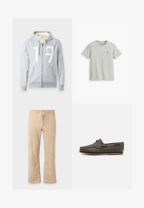 Sudadera de algodón gris con cremallera en la parte delantera, que presenta grandes números de tela en blanco "1" y "9" en el pecho, y dos bolsillos frontales.; Camiseta de algodón gris con cuello redondo, mangas cortas y un pequeño logo rojo en el lado izquierdo del pecho. Tejido ligero con una textura suave.; Pantalones beige de corte recto con cierre de botón y cremallera, bolsillos delanteros y trabillas para cinturón sobre un fondo claro.; Zapato de barco de cuero marrón oscuro con un perfil bajo, que cuenta con ojales de latón y costuras en contraste, suela plana de goma y acabado texturizado.