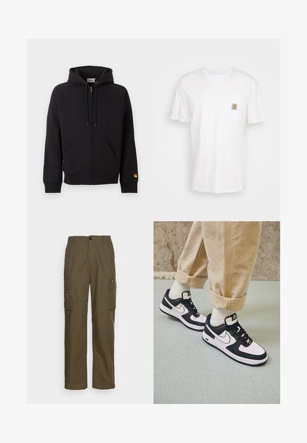 Sort hættetrøje med lynlås foran, forlommer, snøre i hætten, ribkantede manchetter og kant samt lille gult logo på venstre ærmets manchet.; Hvid bomulds T-shirt med korte ærmer, en brystlomme, og et lille firkantet logo patch i orange og hvid på lommen.; Cargo bukser i olivengrøn, lavet af slidstærkt stof. Har to sidelommer, en standard talje og en lige ben design.; Sorte og hvide Nike Air Force 1 sneakers med læderoverdel, perforeret tå og tekstureret såldetalje, båret med rullede beige bukser og hvide sokker.