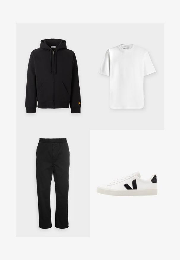 Sort hættetrøje med lynlås foran, forlommer, snøre i hætten, ribkantede manchetter og kant samt lille gult logo på venstre ærmets manchet.; Klassisk hvid T-shirt med korte ærmer og rund hals lagt fladt på en lysegrå baggrund med et lille mærke inde i halsudskæringen.; Sorte bomuldsbukser med elastisk talje, lige ben og sidelommer. Glat tekstur uden mønstre eller accenter.; Hvide lædersneakers med sorte ruskindsdetaljer; har en gummisål, rund tå og klassisk snørebåndsdesign. Side logo i sort.