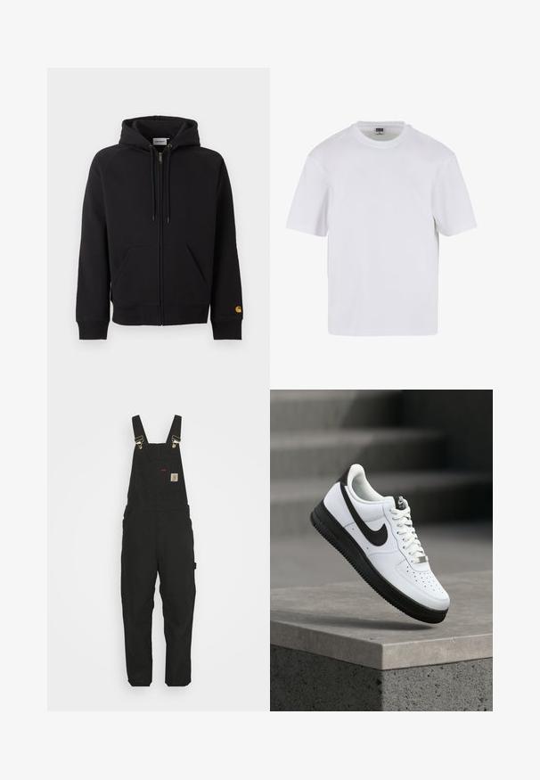 Sort hættetrøje med lynlås foran, forlommer, snøre i hætten, ribkantede manchetter og kant samt lille gult logo på venstre ærmets manchet.; Hvid kortærmet t-shirt lavet af bomuld. Har en rund halsudskæring og en afslappet pasform. Glat tekstur, minimalistisk design, ingen mønstre eller accenter.; Sorte bomuldsoveralls med justerbare stropper, en forlommes med logo patch og to sidelommer i en afslappet pasform.; Hvid lædersneaker med sorte detaljer, rundet tå og perforerede detaljer. Sort gummisål med tekstureret mønster og snørelukning.