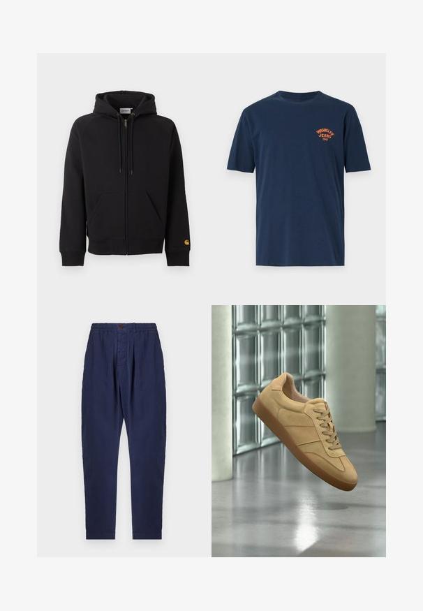 Čierna mikina na zips s prednými vreckami, kapucňou so šnúrkou, rebrovanými manžetami a lemom a malým žltým logom na ľavom manžete rukáva.; Námornícky modré bavlnené tričko s krátkymi rukávmi, okrúhlym výstrihom a oranžovým vyšívaným logom "Wrangler Jeans 1947" na hrudi.; Námornícke modré nohavice vyrobené z texturovanej látky s elastickým pásom, uzáverom na gombík a dvoma prednými skladmi pre zvýraznenie dizajnu.; Béžová semišová tenisová obuv s gumovou podrážkou, šnurovacia, vznášajúca sa v interiéri na leštenej betónovej podlahe pri stene zo sklenených blokov.
