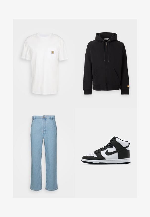 Schwarzer Zip-Hoodie mit Fronttaschen, Kordelzug-Kapuze, gerippten Bündchen und Saum sowie kleinem gelbem Logo am linken Ärmelbündchen.; Weißes Baumwoll-T-Shirt mit kurzen Ärmeln, einer Brusttasche und einem kleinen quadratischen Logopatch in Orange und Weiß auf der Tasche.; Helle blaue Denim-Jeans mit geradem Bein, ausgestattet mit einem Knopfverschluss, Gürtelschlaufen und zwei Vorderstaschen.; Schwarz-weißer High-Top-Sneaker mit Lederobermaterial, perforiertem Zehenbereich, auffälligem Swoosh-Logo und strukturiertem Gummisohle.