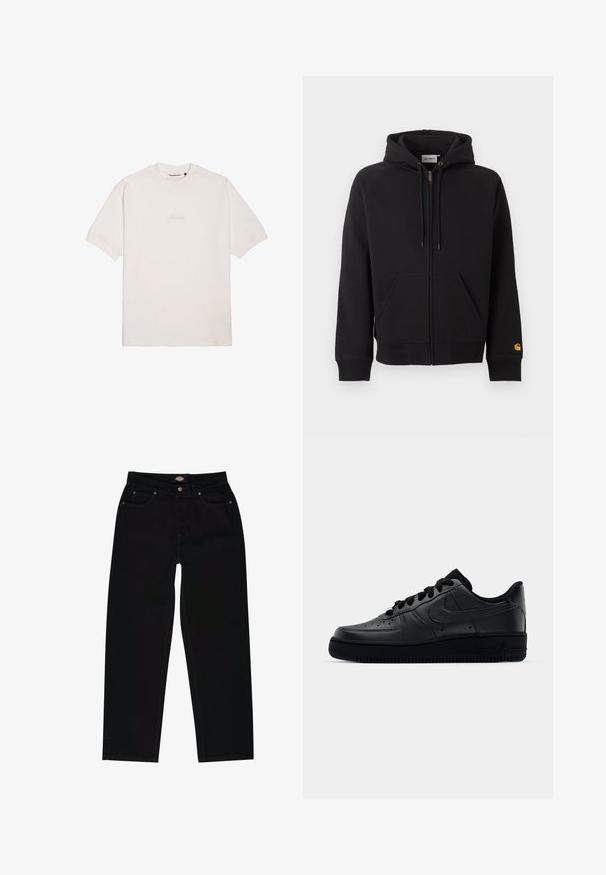 Sweat à capuche noir zippé avec poches avant, capuche avec cordon, poignets et ourlet côtelés, et petit logo jaune sur le poignet gauche de la manche.; T-shirt blanc à manches courtes en coton doux, avec un logo de marque subtilement gaufré sur la poitrine et un col rond classique.; Jean en denim noir avec une coupe droite, présentant cinq poches, des coutures marron et une fermeture éclair. Texture lisse et matériau durable.; Baskets Nike Air Force 1 noires avec un dessus en cuir lisse, bout perforé pour la respirabilité, lacets noirs et semelle en caoutchouc texturé.
