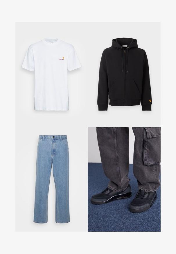 Sweat à capuche noir zippé avec poches avant, capuche avec cordon, poignets et ourlet côtelés, et petit logo jaune sur le poignet gauche de la manche.; T-shirt en coton blanc à manches courtes. Doté d'un petit logo orange et bordeaux sur la poitrine gauche. Présente un col rond classique.; Jean en denim bleu clair avec une coupe droite, doté d'une fermeture à bouton et de passants de ceinture. Le tissu présente une texture légèrement décolorée.; Des chaussures de sport noires avec une surface texturée, des accents lisses et une semelle épaisse, accompagnées de pantalons cargo larges et foncés.
