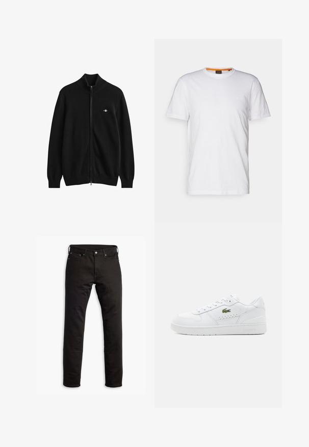 Zwarte vest met volledige ritssluiting, geribde kraag, manchetten en zoom, met een klein geborduurd logo op de linkerborst.; Witte katoenen T-shirt met ronde hals, korte mouwen en een subtiel reliëflogo op de borst. Het binnenlabel heeft een oranje accent.; Zwarte denimjeans met een rechte pasvorm, zijzakken en een knoopsluiting. De stof heeft een soepele textuur en minimale details.; Witte leren sneakers met geperforeerde accenten, platte veters en een klein groen logo aan de zijkant. Rubberen zool en gewatteerde kraag voor comfort.