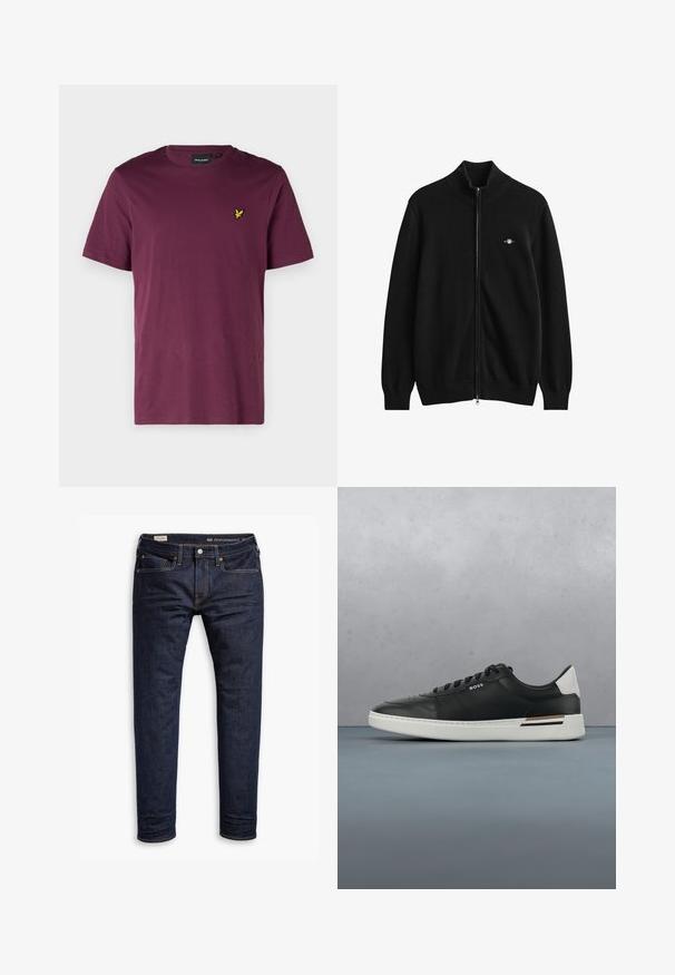 Sort cardigan med fuld lynlås, ribkant ved hals, ærmer og bund, med et lille broderet logo på venstre bryst.; Mørkerød bomulds t-shirt med rund hals, korte ærmer og et lille gult ørne-logo på venstre bryst. Glat overflade, almindelig pasform.; Mørkeblå denimjeans med slim fit, med orange syninger, fem-lomme design og metalhardware. Glat tekstur, ingen mønstre.; Sort lædersneaker med hvid sål, har perforeringer, snørebåndsdesign, logo på siden og kontrasterende hældetalje i hvid og brun.