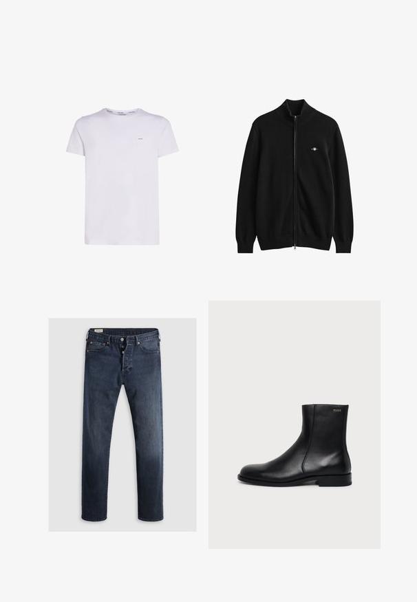 Schwarzer Cardigan mit durchgehendem Reißverschluss, geripptem Kragen, Bündchen und Saum, mit kleinem gesticktem Logo auf der linken Brust.; Weißes Baumwoll-T-Shirt mit kurzen Ärmeln, Rundhalsausschnitt und einem kleinen Logo-Label auf der linken Brust, mit glatter Textur und schlichtem Design.; Dunkelblaue Denim-Jeans mit geradem Bein, ausgestattet mit einem Reißverschluss, Metallknöpfen und Kupfernieten. Glatte Textur, keine sichtbaren Muster.; Schwarzer Leder-Knöchelstiefel mit niedrigem Absatz, seitlicher Naht und kleinem "HUGO" Logo am oberen Schaft vor einfarbigem Hintergrund.