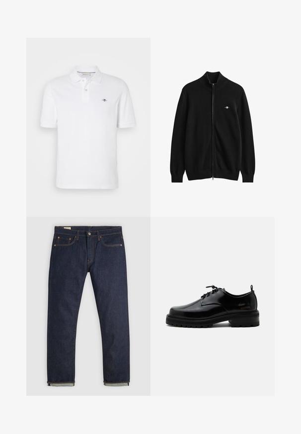 Cardigan noir zippé intégralement avec col, poignets et ourlet côtelés, présentant un petit logo brodé sur la poitrine gauche.; Polo-shirt blanc en coton, doté d'un col classique, de manches courtes et d'un petit logo brodé sur la poitrine gauche.; Jean en denim bleu foncé à coupe droite avec revers roulés, design cinq poches, rivets en cuivre et fermeture par bouton sur fond uni.; Chaussure en cuir noir poli à lacets, semelle en caoutchouc épaisse et talon bas, texte de marque "SAMSOE" sur le côté et languette arrière.