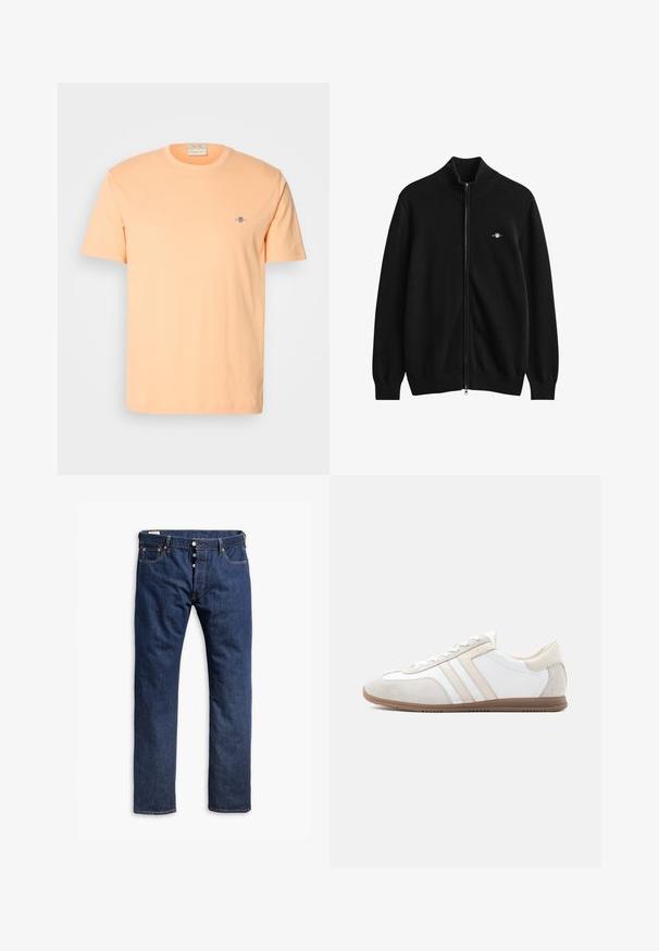 Cárdigan negro con cremallera completa, con cuello, puños y bajo de canalé, que presenta un pequeño logo bordado en el pecho izquierdo.; Camiseta de manga corta en algodón color durazno claro, con un pequeño logo azul en el pecho. Cuello redondo con una textura suave.; Jeans de mezclilla azul oscuro con un diseño de pierna recta, costuras en contraste, cierre de botón y estilo de cinco bolsillos.; Zapatilla de perfil bajo en blanco y beige con detalles en ante, cierre de cordones y suela de goma marrón, mostrada de lado sobre un fondo llano.