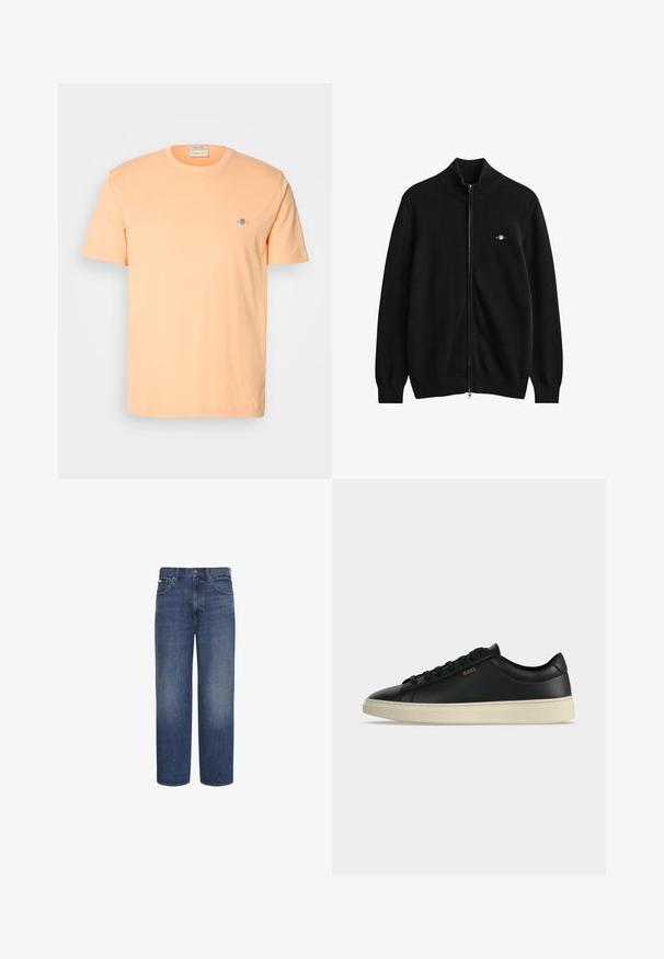 Cardigan noir zippé intégralement avec col, poignets et ourlet côtelés, présentant un petit logo brodé sur la poitrine gauche.; T-shirt à manches courtes en coton pêche clair, arborant un petit logo bleu sur la poitrine. Col rond avec une texture douce.; Jean bleu taille haute à jambes droites avec bouton et fermeture éclair devant, passants ceinture, poches avant et arrière.; Baskets basses en cuir noir avec semelle blanche, lacets noirs et petit logo BOSS doré sur le côté.