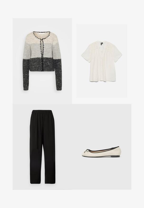 Strikket cardigan med gradient design i grå og creme, rund halsudskæring og sorte dekorative knapper langs frontklappen.; Hvid kortærmet bluse med knapper foran og blomstret udskåret broderi på skuldrene og øvre bryst.; Sorte bukser med vidde og elastisk talje, lavet af glat stof, med en afslappet pasform og lige form.; Balletflade i en beige tekstil med sort kant. Har en rund tå og en lille sløjfeaccent foran. Lav profil sål.
