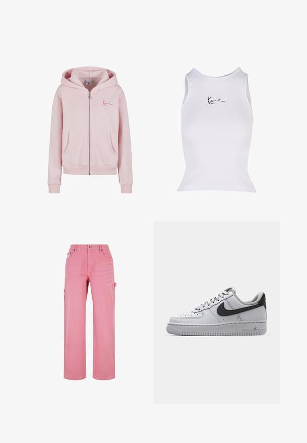 Sweat à capuche zippé rose en tissu doux, avec une poche kangourou, des poignets et un ourlet côtelés, et un petit logo brodé sur la poitrine.; Débardeur blanc côtelé avec un col rond et un logo noir emblématique à l'avant. La coupe est ajustée et sans manches.; Pantalon cargo rose en denim. Présente une taille haute, des jambes larges, des poches latérales et une fermeture à bouton à l'avant. Texture lisse et couleur uniforme.; Sneaker en cuir blanc avec accents gris, bout rond, surface texturée, col rembourré et logo swoosh noir contrastant. Semelle avec coussin d'air.