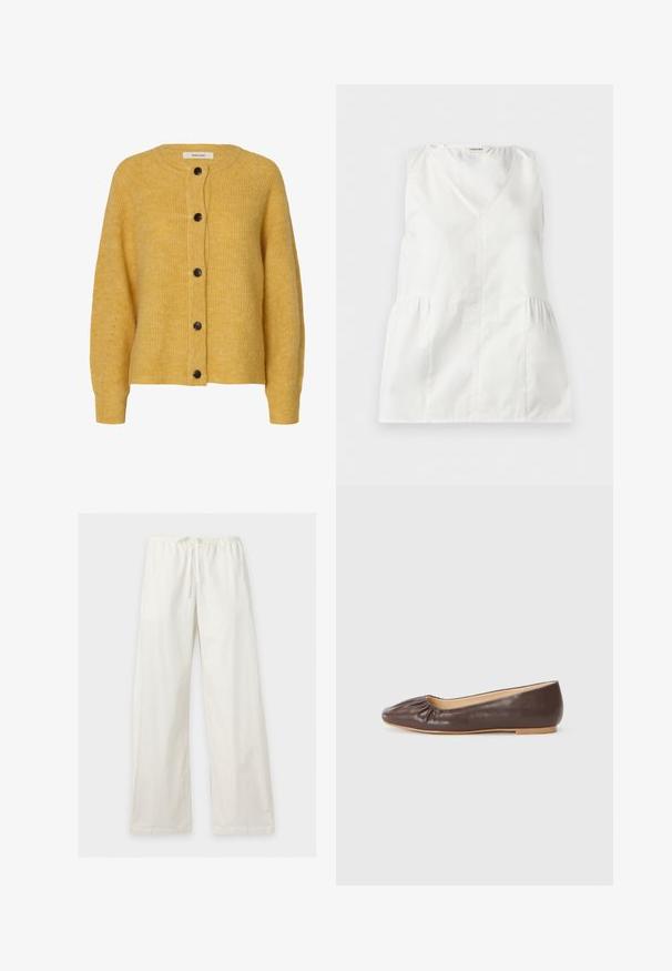 Cardigan en laine jaune tricoté avec manches longues et cinq boutons foncés sur le devant.; Blouse blanche sans manches à col en V avec de légers fronces sur les côtés, posée à plat sur un fond blanc.; Pantalon blanc à jambes larges avec taille élastique et cordon de serrage, présenté à plat sur un fond clair.; Ballerine en cuir marron avec un bout arrondi, des détails froncés à l'avant et une semelle plate de couleur claire.