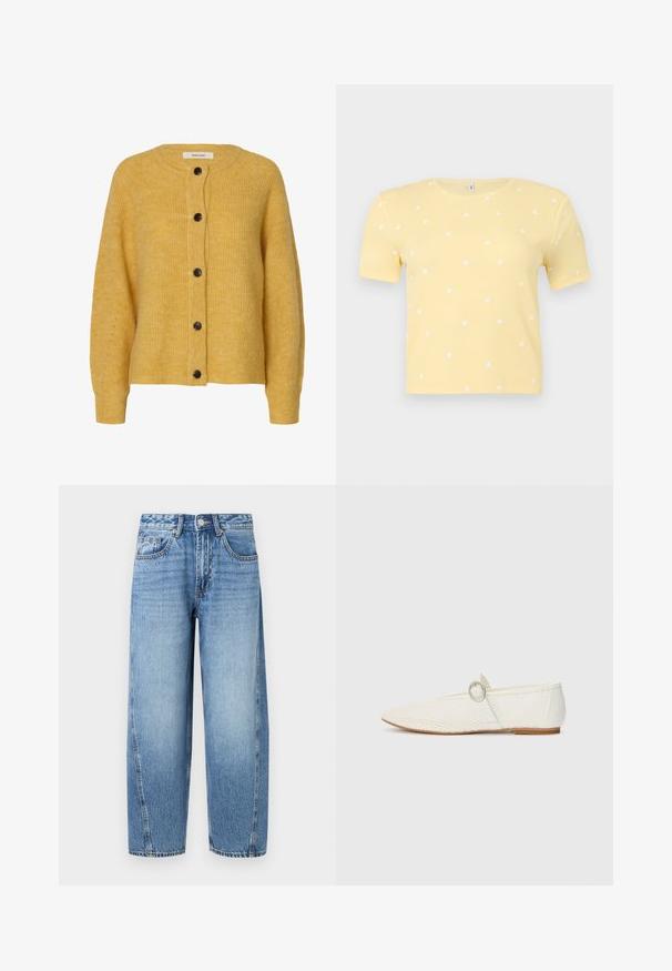 Gul strikket uldcardigan med lange ærmer og fem mørke knapper foran.; Gul kortærmet ribstrikket top med spredte små hvide hjerte-prints og rund halsudskæring.; Lyseblå straight-leg denim jeans med høj talje, knaplukning og for- og møntlomme.; Hvide syntetiske flade sko med mesh-struktur, spidse tå og en sidesnor med en rund detalje. Lav hæl og fleksibel sål.