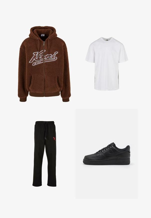 Hoodie en polaire marron avec fermeture éclair à l'avant, grandes poches et détails en logo blanc. Équipé d'une capuche avec cordon de serrage et de poignets et ourlet côtelés.; T-shirt blanc uni à manches courtes avec col rond et coupe décontractée, présenté sur fond blanc.; Pantalons de survêtement noirs avec une taille élastique et un cordon de serrage ajustable. Présentent un accent de logo rouge sur la cuisse gauche. Matière douce.; Nike Sportswear AIR FORCE 1 07 FLYEASE - Baskets basses - black