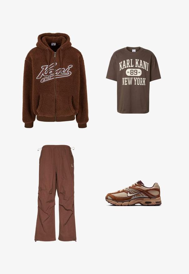 Καφέ φούτερ με φερμουάρ μπροστά, μεγάλες τσέπες και λευκές λεπτομέρειες λογότυπου. Διαθέτει κουκούλα με κορδόνι και ριμπ μανίκια και στρίφωμα.; Καφέ κοντομάνικο T-shirt με λευκή εκτυπωμένη επιγραφή σε σχιστό στυλ "KARL KANI 89 NEW YORK" στο μπροστινό μέρος, στρογγυλή λαιμόκοψη και άνετη εφαρμογή.; Καφέ cargo παντελόνι με ελαστική μέση και ρυθμιζόμενο κορδόνι, διαθέτοντας πλαϊνές τσέπες και χαλαρή εφαρμογή. Λείο υφαντό υλικό, ελαφρύ ύφασμα.; Καφέ και μπεζ αθλητικό παπούτσι Nike για τρέξιμο με πάνελ από δίχτυ και σουέντ, σχέδιο με κορδόνια και ορατή αερόσολα στη σόλα.
