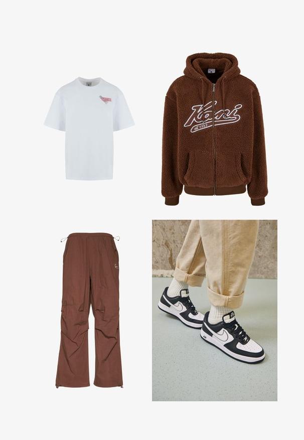 Brun fleece hættejakke med lynlås foran, store lommer og hvid logo detaljering. Har snoretræk i hætten og ribbede manchetter og kant.; Hvid bomulds t-shirt med rund halsudskæring, korte ærmer og en farverig grafisk applikation på venstre bryst med tekst og mønstre.; Brune cargo bukser med elastisk talje og justerbar snøre, samt sidelommer og afslappet pasform. Glat tekstur, letvægtsstof.; Sorte og hvide Nike Air Force 1 sneakers med læderoverdel, perforeret tå og tekstureret såldetalje, båret med rullede beige bukser og hvide sokker.