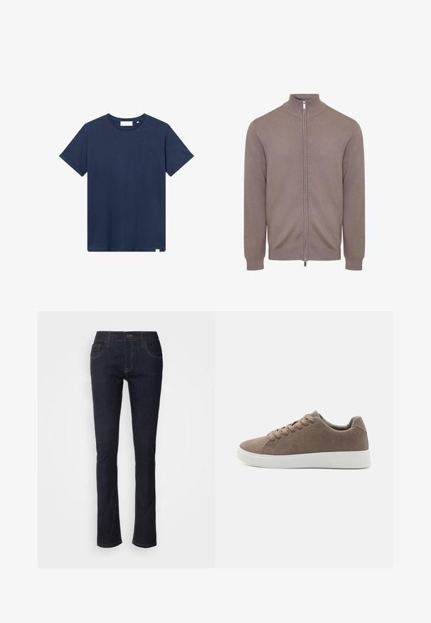 Grijze gebreide trui met rits, hoge kraag, geribbelde manchetten en een rechte zoom. Heeft een rits aan de voorkant en een klein merklabel aan de zijkant.; Navyblauwe katoenen t-shirt met een ronde hals, korte mouwen en een klein geborduurd logo op de linkerkant van de borst. Zachte textuur.; Donkerblauwe denim jeans met een rechte pijp, voorzien van zijzakken, een knoopsluiting en subtiele stikseldetails. Klassiek ontwerp.; Bruine suède sneakers met platte witte rubberen zolen, vetersluiting, ronde neus en een gladde textuur. Minimalistische stijl met subtiele stikdetails.