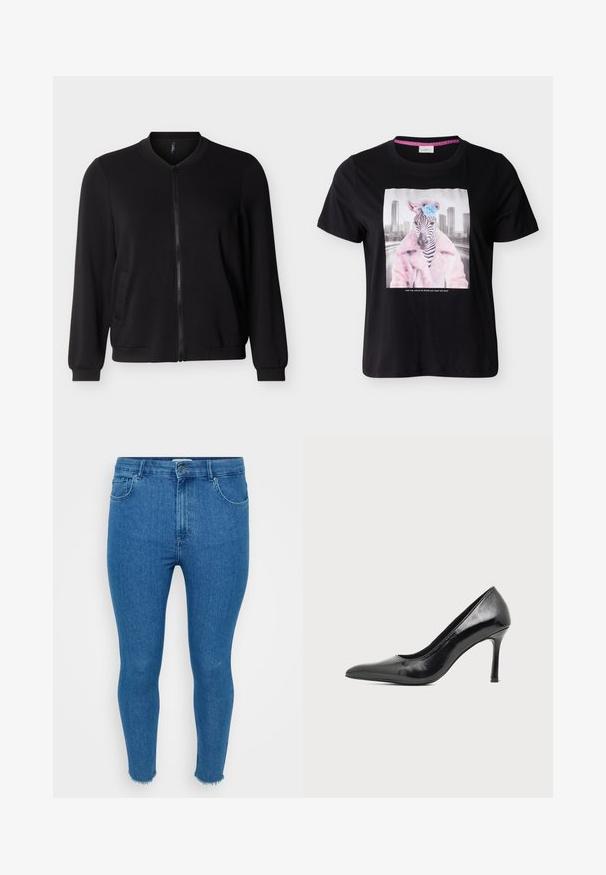 Sort bomberjakke med lynlås, lange ærmer, ribbet krave, manchetter og kant, vist mod en lysegrå baggrund.; Sort T-shirt med en zebra iført en pink nitteret frakke og en blå blomst på hovedet, byens skyline i baggrunden.; Smal blå denimjeans med høj talje, fem-lommer-design og rå kant. Materialet ser glat ud med let falmning på lårene.; Sort laklæder damestilet med spids tå og slank hæl på en ensartet lys baggrund.