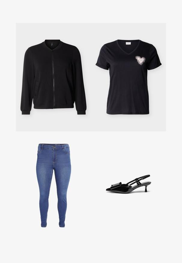 Sort bomberjakke med lynlås, lange ærmer, ribbet krave, manchetter og kant, vist mod en lysegrå baggrund.; Sort V-hals T-shirt med korte ærmer og opbrettede kanter, med en lyserød hjerte-patch med små nitter og omgivende motiverende tekst på brystet.; Blå skinny jeans med forlommer, bæltestropper, knaplukning og let falmet effekt på lår og knæ.; Sorte patenterede læderslingbacks med spids tå, en sløjfedetalje foran og en lille stilettohæle. Remmene har justerbare spænder.