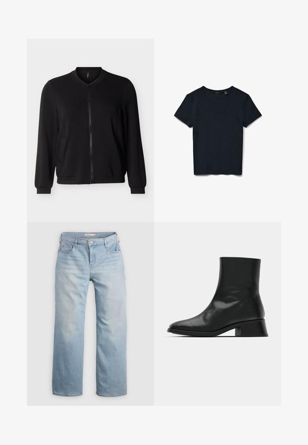 Zwarte bomberjack met ritssluiting, lange mouwen, geribbelde kraag, manchetten en zoom, afgebeeld tegen een lichtgrijze achtergrond.; Zwarte geribde gebreide T-shirt met korte mouwen en ronde hals, plat neergelegd op een witte achtergrond.; Lichtblauwe wijde jeans van denim. Heeft een hoge taille, vijf zakken en contrasterende stiksels. Gladde textuur met een vervaagde afwerking.; Zwarte enkelboot van glanzend leer, met een slank ontwerp, spitse neus en een gematigde blokhak voor stabiliteit.