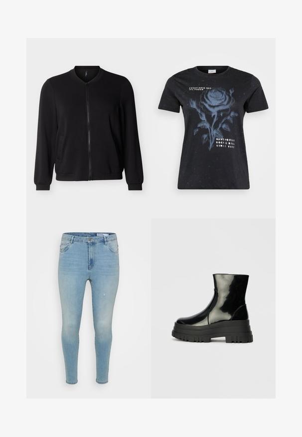 Sort bomberjakke med lynlås, lange ærmer, ribbet krave, manchetter og kant, vist mod en lysegrå baggrund.; ONLY Carmakoma CARMIKO WASHED SS REG TEE JRS - T-shirts print - black; Lyseblå denimbukser med slim fit, der har en mellemhøj talje, klassisk fem-lomme design og subtile slidte detaljer på fronten.; Sort, blanklækkert ankelstøvle med tyk sål og rund tå, set fra siden på en ensartet lys grå baggrund.
