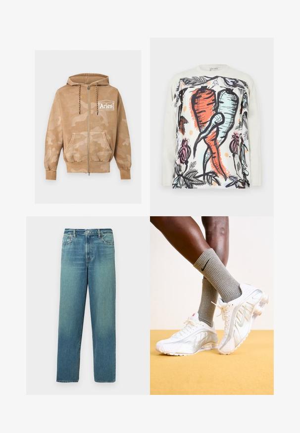 Lysebrun camouflage-lynlåshættetrøje med forlommer, justerbar snøre-hoodie og hvidt "Aries"-logo på venstre bryst.; Langærmet skjorte med en hvid bund og farverige gulerodsillustrationer i orange og blå, omgivet af detaljeret blomsterlinjekunst.; Denimjeans, lys blå med en falmet effekt, lige ben-design, standard fem-lomme layout, messingknap og lynlås lukning.; Nike sneakers i hvid med sølv accenter, der har teksturerede paneler og perforeringer. Sammen med grå ribbede sokker, sat mod en gul baggrund.