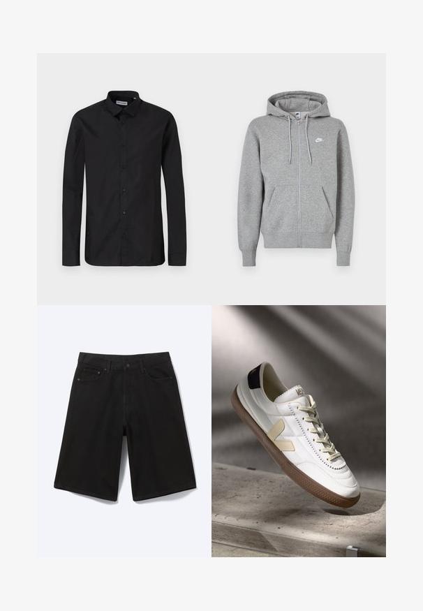 Grå hoodie med lynlås, lavet af blødt stof. Har snøre i hætten, to forlommer og en lille hvid logo på brystet.; Sorte langærmede skjorte med klassisk krave, lavet af glat stof, med frontknapper og en almindelig pasform.; Sorte denim shorts til knæet med frontknap, bæltestropper og fem lommer, vist mod en hvid baggrund.; Hvide lædersneakers med beige detaljer og en brun gummisål. Funktioner omfatter en syning og et logo på hælen.