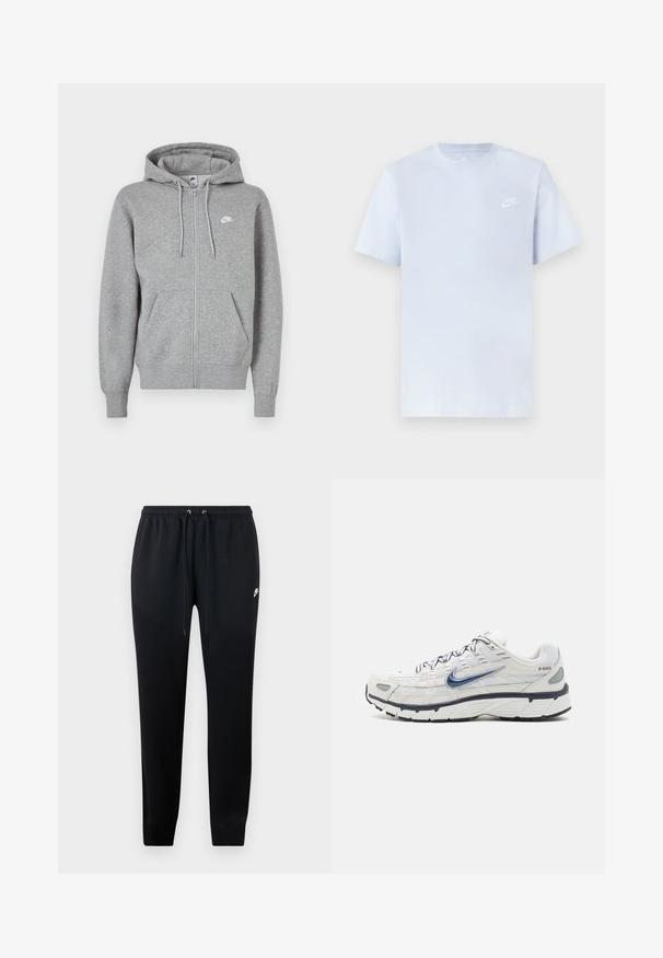 Grå hoodie med lynlås, lavet af blødt stof. Har snøre i hætten, to forlommer og en lille hvid logo på brystet.; Lyseblå bomulds t-shirt med korte ærmer, rund hals og et hvidt Nike-logo trykt på venstre bryst. Glat tekstur, simpelt design.; Sorte sweatshirtbukser lavet af blødt stof, med elastisk talje og snoretræk, ribbede ankler og en lille logo-detalje på siden.; Nike Sportswear P 6000 - Sneakers - phantom/obsidian/summit white/white/black/metallic silver