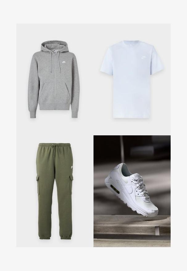 Sudadera con capucha gris con cremallera, confeccionada en tela suave. Cuenta con una capucha con cordón, dos bolsillos delanteros y un pequeño logo blanco en el pecho.; Camiseta de algodón de color azul claro con mangas cortas, cuello redondo y un logo blanco de Nike impreso en el pecho izquierdo. Textura suave, diseño sencillo.; Pantalones cargo verde oliva con cintura elástica, cierre con cordón, bolsillos laterales y logotipo de la marca en el muslo. Tejido suave de mezcla de algodón.; Zapatilla Nike Air Max 90 blanca con parte superior de malla y cuero, caja de puntera perforada y unidad de aire visible en el talón.