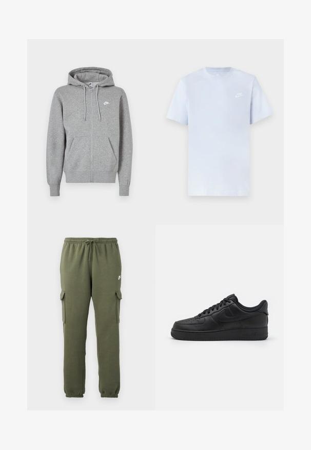Grauer Kapuzenpullover mit Reißverschluss aus weichem Stoff. Verfügt über eine Kapuze mit Kordelzug, zwei Fronttaschen und ein kleines weißes Logo auf der Brust.; Hellblaue Baumwoll-T-Shirt mit kurzen Ärmeln, Rundhalsausschnitt und einem weißen Nike-Logo, das auf der linken Brust gedruckt ist. Glatte Textur, schlichtes Design.; Olivgrüne Cargo-Hosen mit elastischem Bund, Kordelzugverschluss, Seitentaschen und logo auf dem Oberschenkel. Glattes Baumwollmischgewebe.; Nike Sportswear AIR FORCE 1 07 FLYEASE - Sneaker low - black