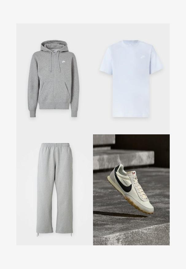 Sudadera con capucha gris con cremallera, confeccionada en tela suave. Cuenta con una capucha con cordón, dos bolsillos delanteros y un pequeño logo blanco en el pecho.; Camiseta de algodón de color azul claro con mangas cortas, cuello redondo y un logo blanco de Nike impreso en el pecho izquierdo. Textura suave, diseño sencillo.; Pantalones de chándal grises con una cintura elástica, piernas rectas y detalles de cordones en el dobladillo. Fabricados en una suave tela texturizada.; Zapatilla Nike blanca y negra con suela de goma suspendida sobre escalones de concreto, iluminada por luz natural.