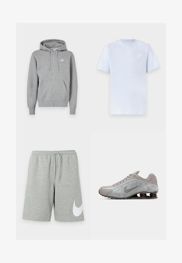 Grå hoodie med lynlås, lavet af blødt stof. Har snøre i hætten, to forlommer og en lille hvid logo på brystet.; Lyseblå bomulds t-shirt med korte ærmer, rund hals og et hvidt Nike-logo trykt på venstre bryst. Glat tekstur, simpelt design.; Lysegrå atletikshorts med elastisk linning, snøre og stort hvidt Nike-swoosh-logo på nederste venstre ben.; Nike løbesko i lysegrå med en glat tekstur, buet design og synlige støddæmpningsfjeder i mørkebrun ved hælen.