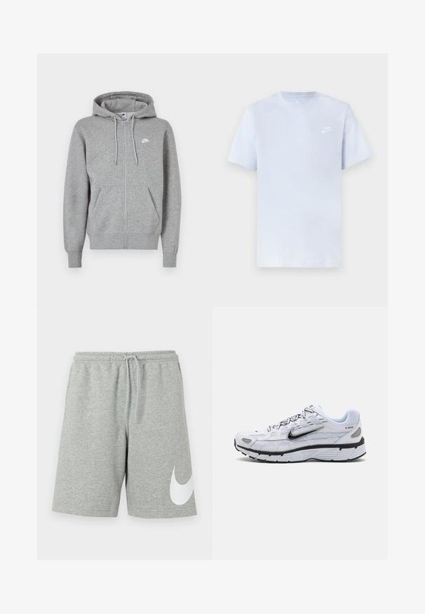 Sudadera con capucha gris con cremallera, confeccionada en tela suave. Cuenta con una capucha con cordón, dos bolsillos delanteros y un pequeño logo blanco en el pecho.; Camiseta de algodón de color azul claro con mangas cortas, cuello redondo y un logo blanco de Nike impreso en el pecho izquierdo. Textura suave, diseño sencillo.; Pantalones cortos deportivos gris claro con cintura elástica, cordón ajustable y un gran logotipo blanco de Nike Swoosh en la parte inferior de la pierna izquierda.; Zapatilla de running blanca con parte superior de malla, punta redondeada, acentos negros y una suela con patrón. Presenta cordones y una marca en el lateral.