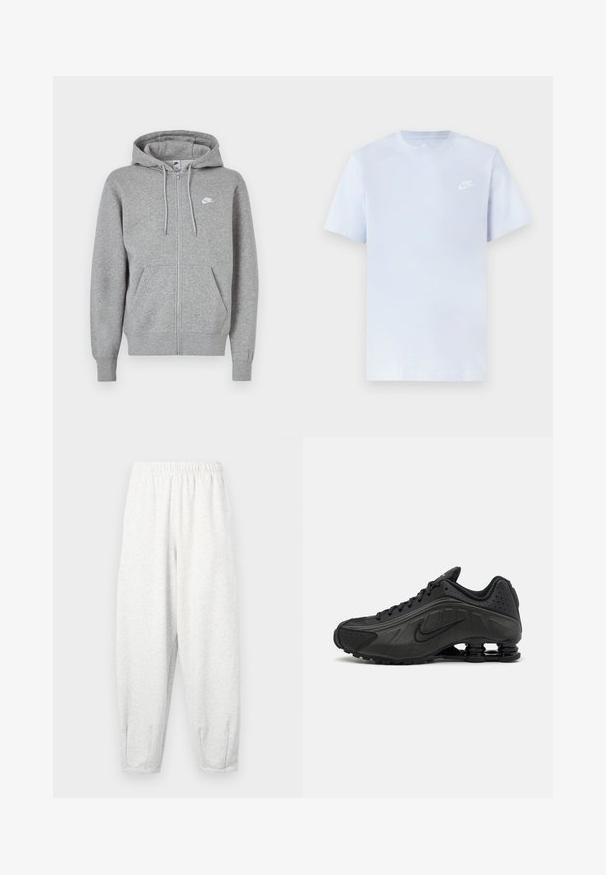 Hall hallikangast lukuga dressipluus. Sellel on nööriga kapuuts, kaks esitaskut ja väike valge logo rinnal.; Hele sinine puuvillane t-särk lühikeste varrukatega, ümar kaelus ja valge Nike logo trükituna vasakul rinnal. Sile tekstuur, lihtne disain.; Heledad hallidega valmistatud helehallid spordipüksid, millel on elastne vöökoht, kitsenevad sääred ja pahkluupuhvri. Lihtne disain ilma mustriteta.; Mustad mustat jooksujalad, millel on sile sünteetiline ülemus, perforatsioonid, tekstureeritud külgpaneelid ja eristuv elastne tall.