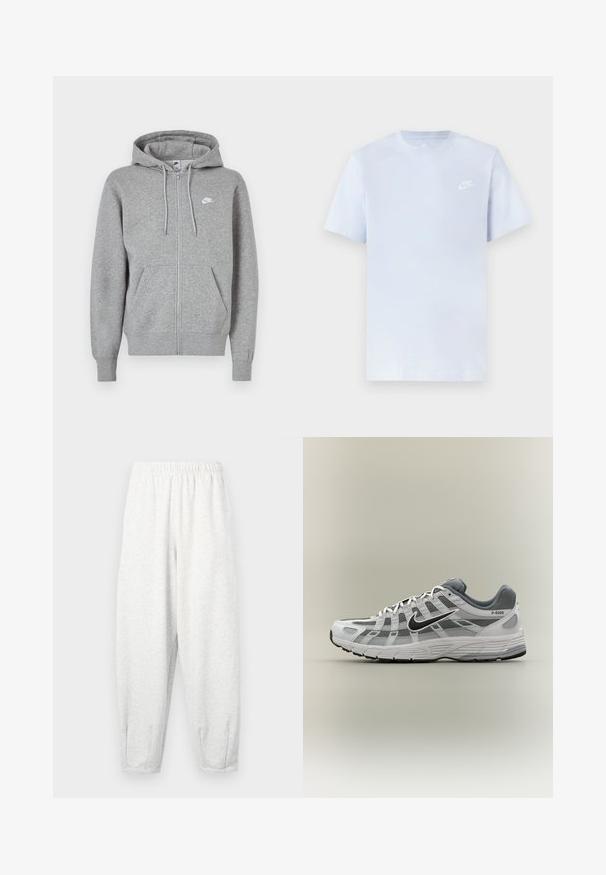 Grå hoodie med lynlås, lavet af blødt stof. Har snøre i hætten, to forlommer og en lille hvid logo på brystet.; Lyseblå bomulds t-shirt med korte ærmer, rund hals og et hvidt Nike-logo trykt på venstre bryst. Glat tekstur, simpelt design.; Lyse grå sweatsbukser lavet af blødt stof, med elastisk talje, tætsiddende ben og ankelmanchetter. Simpelt design uden mønstre.; Hvid og grå Nike P-6000 sneaker med sort swoosh, meshpaneler og tekstureret sål, vist i sideprofil på neutral baggrund.