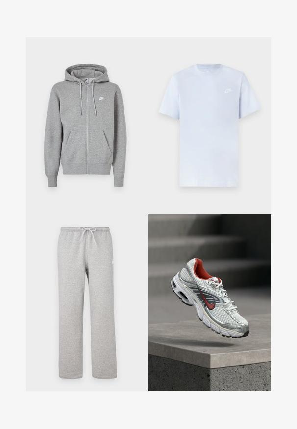 Grauer Kapuzenpullover mit Reißverschluss aus weichem Stoff. Verfügt über eine Kapuze mit Kordelzug, zwei Fronttaschen und ein kleines weißes Logo auf der Brust.; Hellblaue Baumwoll-T-Shirt mit kurzen Ärmeln, Rundhalsausschnitt und einem weißen Nike-Logo, das auf der linken Brust gedruckt ist. Glatte Textur, schlichtes Design.; Graue Jogginghosen mit einem elastischen Bund und Kordelzug. Hergestellt aus weichem Stoff, zeichnen sie sich durch gerade Beine und ein dezentes Logodetail aus.; Weißer und silberner Nike Laufschuh mit roten Akzenten, der über einer Betonbrüstung schwebt und seine Seiten- und Sohlen-Details zeigt.