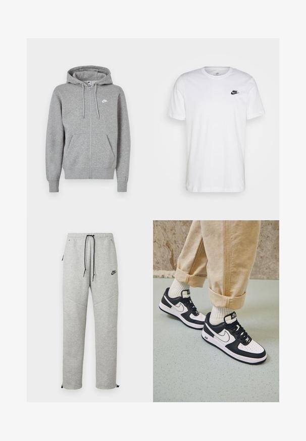Grauer Kapuzenpullover mit Reißverschluss aus weichem Stoff. Verfügt über eine Kapuze mit Kordelzug, zwei Fronttaschen und ein kleines weißes Logo auf der Brust.; Weißes Baumwoll-T-Shirt mit Rundhalsausschnitt, kurzen Ärmeln und einem schwarzen Nike-Logo auf der linken Brust. Einfaches, einfarbiges Design.; Graue Nike Sweatpants mit einem Kordelzugbund, Seitentaschen und elastischen Bündchen. Sie haben eine glatte Textur und ein kontrastierendes schwarzes Logodetail.; Schwarz-weiße Nike Air Force 1 Sneaker mit einem Obermaterial aus Leder, perforierter Zehenpartie und strukturiertem Sohlendesign, getragen mit aufgerollten beigen Hosen und weißen Socken.
